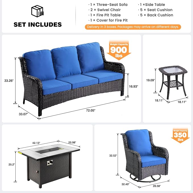 ovios 5-Piece Patio Furniture Set with Swivel Chairs Side Table, Outdoor Wicker Sofa with 42" Fire Pit Table, High Back Couch Modern Conversation Sets, Brown/Navy Blue