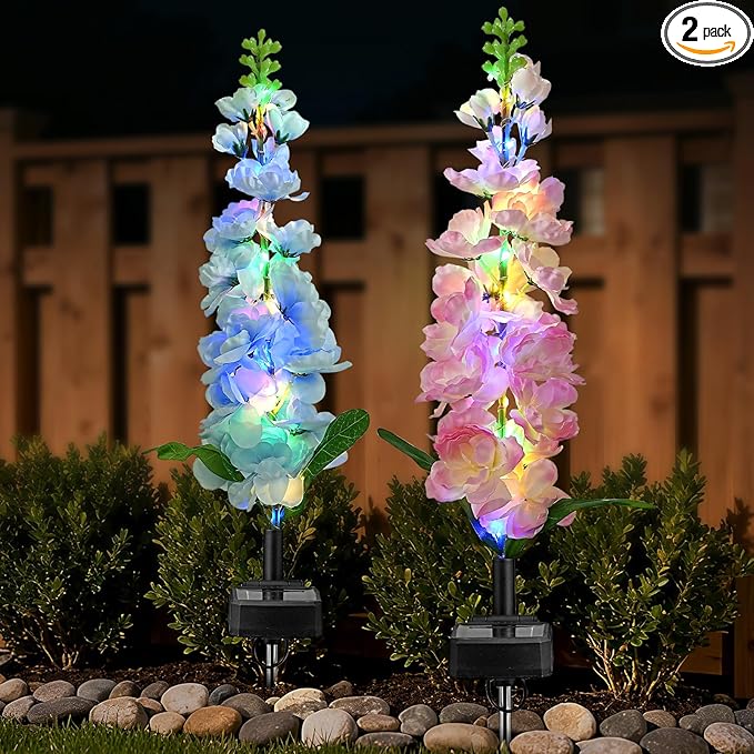 TANSOREN 2 Pack Solar Garden Lights Outdoor, LED Colorful Waterproof Solar Powered Hyacinth Flowers Landscape Lights for Patio, Outside Yard, Pathway Decorative, Décor, Gifts, Two Lighting Modes