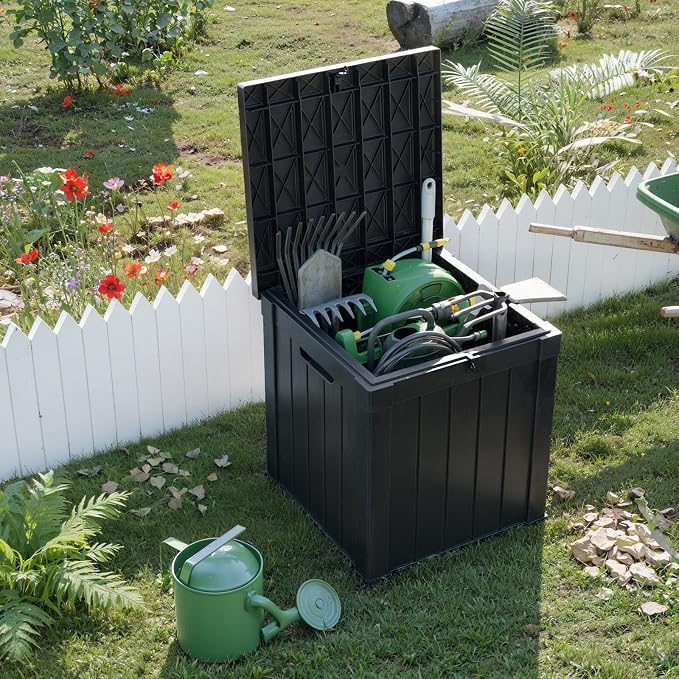 PatioZen 51 Gallon Resin Deck Box, Lockable Patio Outdoor Storage Box for Furniture, Garden Tools and Tools Storage, Waterproof Outside Storage Boxes - Black