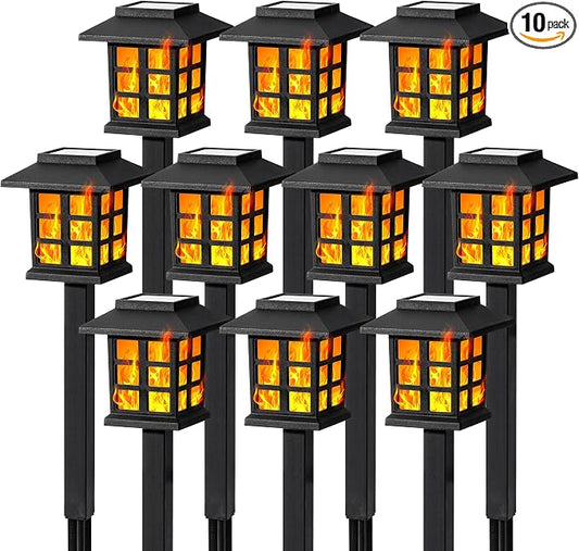 GIGALUMI Solar Lights Outdoor Waterproof 10 Pack, LED Garden Decor | Flickering Flame LED Solar Garden Lights Outdoor Decor, 8 Hours of Landscape Lighting for Garden