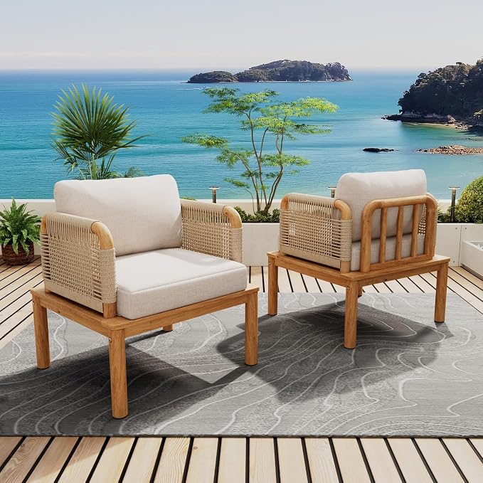 Patio Furniture Set-Single Chair, Outdoor Sectional Furniture with Rope Armrests and Thick Washable Cushions, All-Weather Patio Conversation Set for Backyard, Garden and Poolside (Series A)