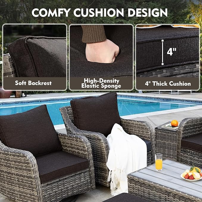 MEISSALIVVE Patio Furniture Set with Swivel Chairs, 8 Pieces Wicker Patio Conversation Set, Outdoor Patio Set with 2 Swivel Rocking Chair & 2 Single Chair, 2 Ottomans and Dining Table (Black)