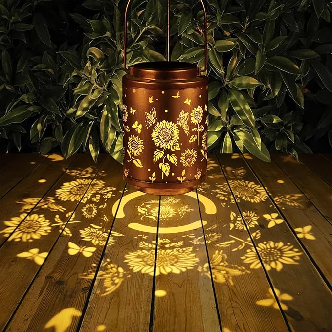 Solar Outdoor Lanterns Garden Decor LED Light Hanging Waterproof | Butterflies Solar Metal Lantern Gifts for Women Mon Grandma Sunflower Solar Lights Outdoor Decoration for Yard