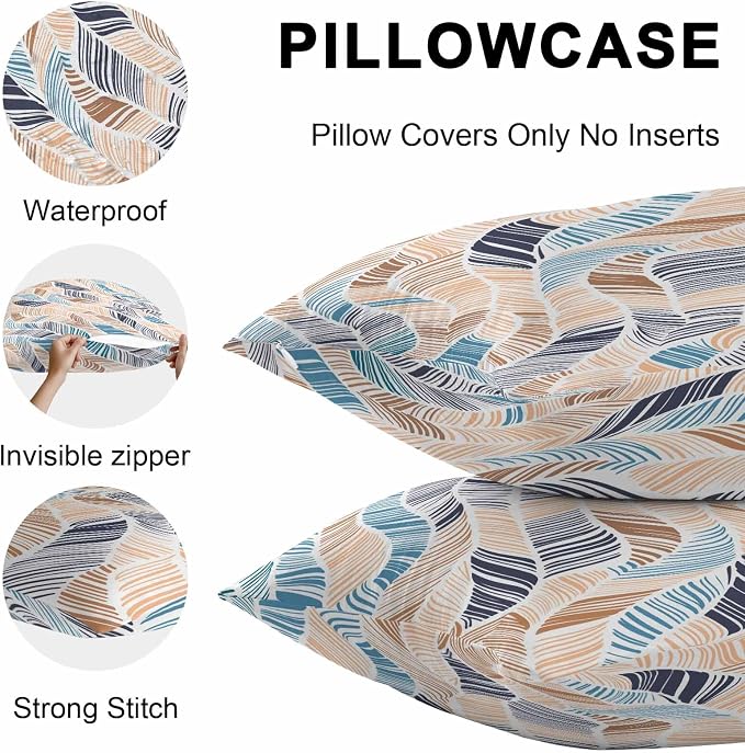 Vandarllin Outdoor Throw Pillows Covers 26x26 inch Set of 2 Waterproof Summer Beach Decorative Zippered Cushion Covers for Patio Furniture, Yellow Blue Ombre Abstract Leaf Lines Lumbar Pillowcases