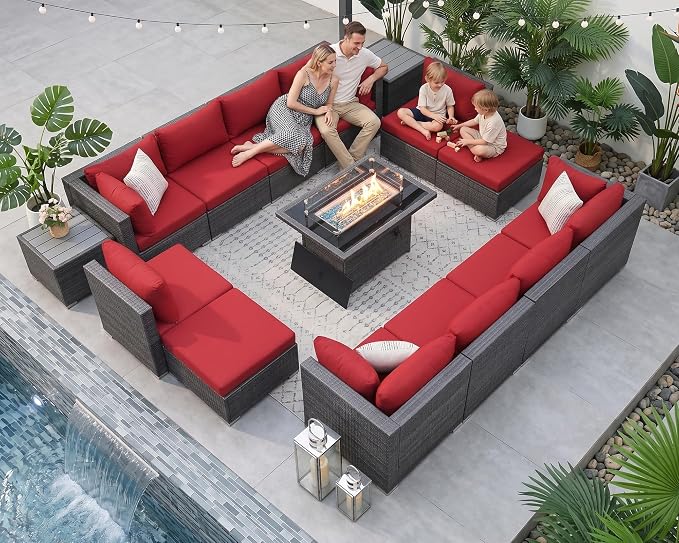 NICESOUL 15 Piece Wicker Outdoor Patio Furniture Set with Fire Pit, XL Size 12-Seater Patio Sectional with Firepit, All Weather 500 lbs Heavy Duty Outside Sofa, Grey & Red