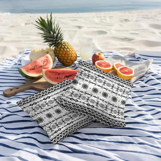Black White Boho Outdoor Pillow Covers 16x16 Inch Throw Pillow Covers Set of 2 Waterproof Decorative Pillow Cases Vintage Abstract Art Ethnic Tribe Cushion Covers for Patio Furniture Garden Couch Sofa