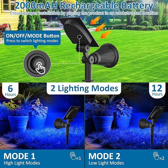 T-SUNUS Blue Solar Spotlights Outdoor 2 Pack, 200LM Landscape Lighting Waterproof IP65, Adjustable Spot Lights Auto On/Off 2 Modes for Yard Garden Tree Halloween Christmas Decoration Pond Flag Pool