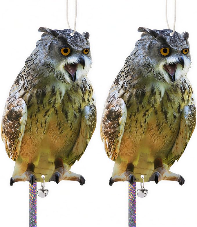Plastic Owl to Scare Woodpecker from House, 2Pcs Flat Fake Owl to Keep Pigeons Away from Porch, Garden Owls to Scare Pigeon Squirrels, Hanging Owls with Reflective Tape for Balcony Yard Patio Windows