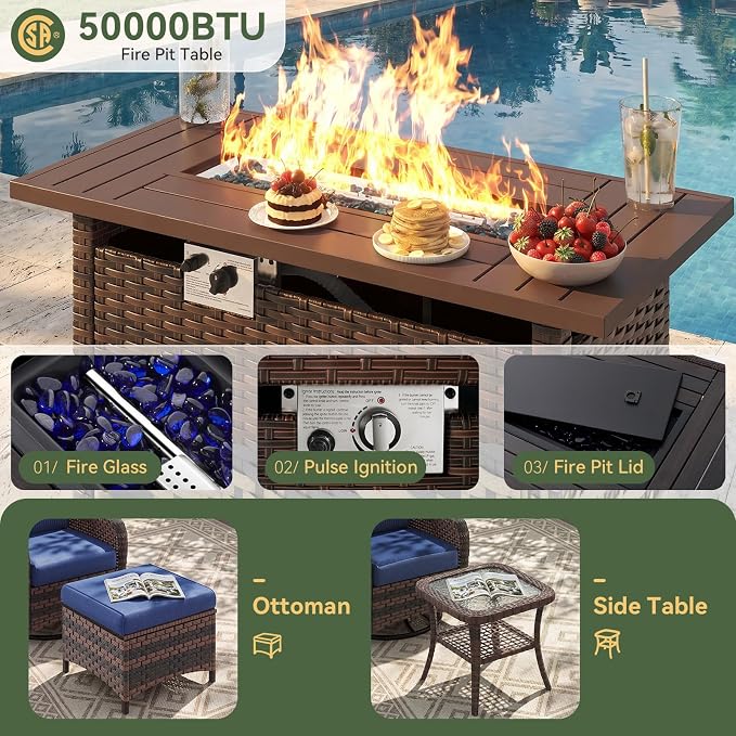 Aoxun 12-Piece Patio Furniture Set with 44” Fire Pit Table, Wicker Outdoor Sectional Sofa with High Back Swivel Rocker Chairs, Outdoor Patio Furniture Set with Thick Cushions & Ottoman, Blue