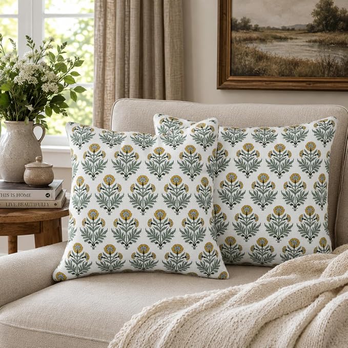Outdoor Waterproof Throw Pillow Covers 20x20 Inch Set of 2, Block Print Flowers Decorative Pillow Cases Vintage Floral Cushion Covers for Spring Patio Furniture Garden