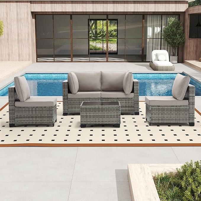 Bonzy Home 5 Pieces Outdoor Patio Furniture Set, PE Rattan Outdoor Sectional Furniture Sofa Set with Removable Cover and Glass Coffee Table, Patio Sofa for Balcony, Porch, Garden, (Grey-Grey