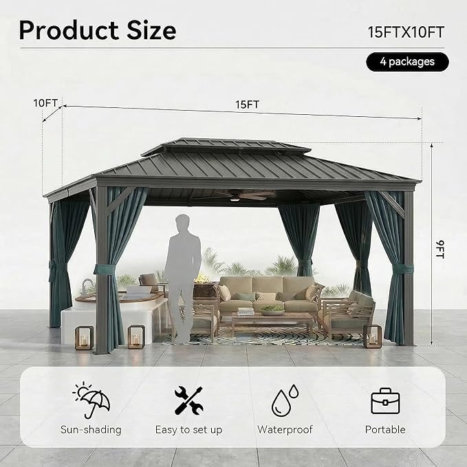 HOTEEL 10x15 Hardtop Gazebo On Clearance with Galvanized Steel Double Roof,Heavy Duty Gazebo with Flame-Retardant Curtain & Netting, Permanent Pavilion Outdoor for Patio, Frame Thickened, Black