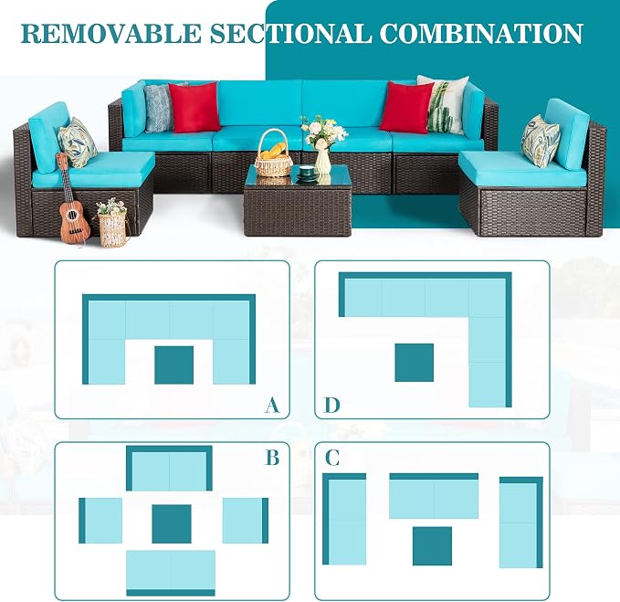 Vongrasig 7 Pieces Outdoor Patio Furniture Sets, Outdoor Sectional Rattan Sofa, PE Manual Weaving Wicker Patio Conversation Set with Cushion, Glass Table, Red Pillow (Blue)