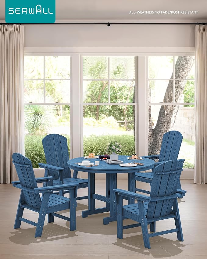 SERWALL 5-Piece Patio Dining Sets, HDPE Outdoor Table and Chairs Furniture Set, 45" Round Dining Table and 4 Adirondack Dining Chair, Navy