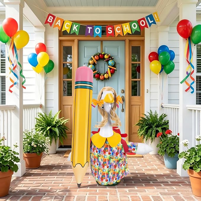 23" Back to School Porch Goose Outfit, Curly Wig (Statue not Included) | Complete 6 piece back to school goose set, Wavy unbraided wig + dress + pencil clips + inflatable pencil + red bag + tape