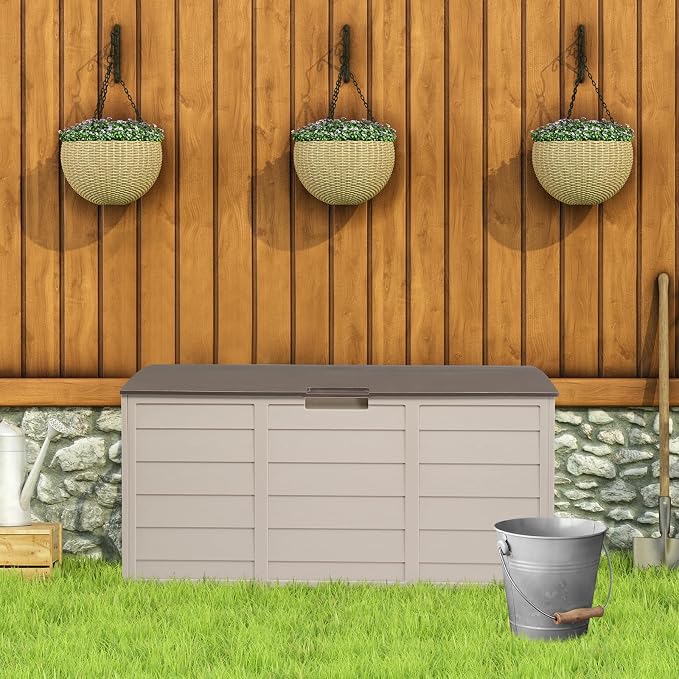Brown 75 Gallon Outdoor Storage Deck Box, Patio Storage w/Lockable Storage Bench for Patio Furniture, Outdoor Cushions, Garden Tools & Sports/Pools Organization 260L 44"L x 21.3"W x 19.3"H