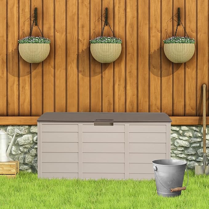 75 Gallon Resin Deck Box,Outdoor Large Resin Deck Box,Lockable Container for Patio Furniture Cushions Garden Tools (Brown)