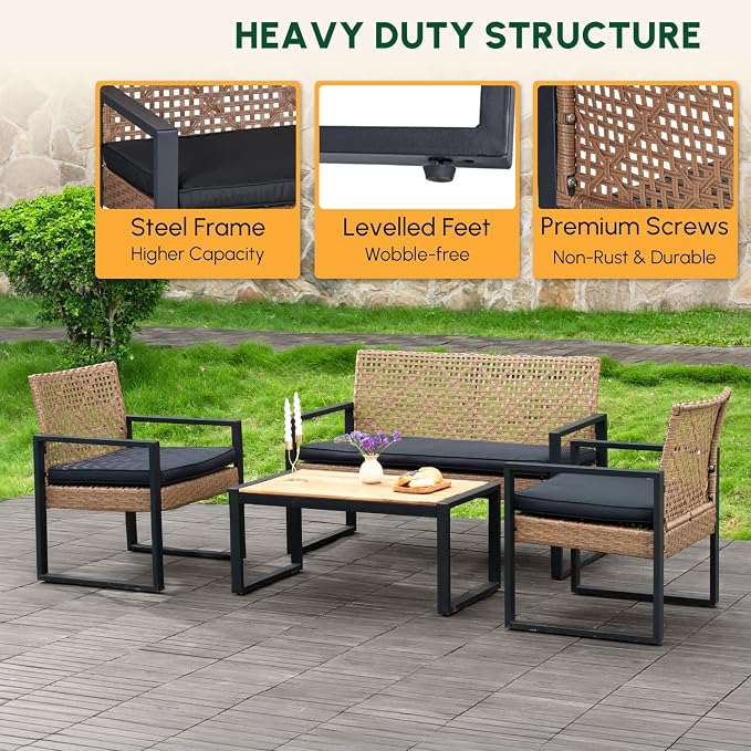 BEEFURNI Wicker Patio Furniture Outdoor Conversation Set of 4, Rattan Outdoor Furniture Set, Acacia Wood Table, 2 Chairs, 1 Loveseat, 2” Cushions, All Weather Set for Patio, Porch, Balcony (Brown)
