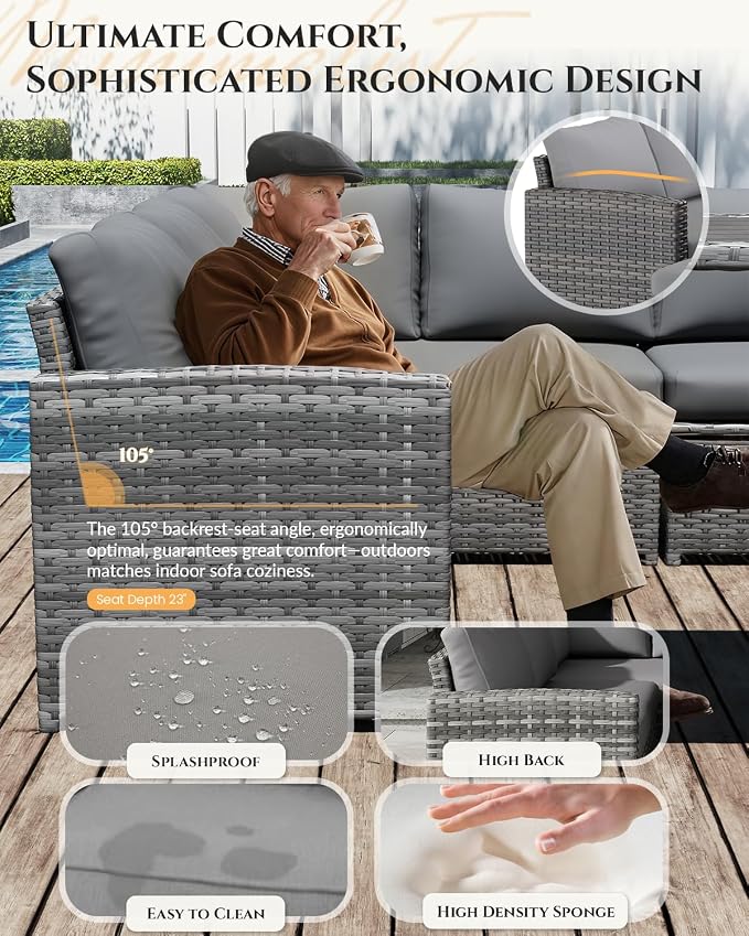 U-MAX 7 Pieces Patio Furniture Set, Outdoor Sectional Sofa Conversation Set, All Weather Wicker Rattan Dining Table & Chair with Ottoman, Grey Rattan&Grey Cushion