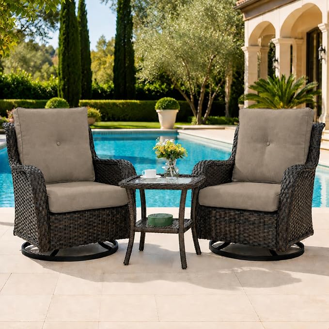 HUMMUH 3-Piece Swivel Rocking Rattan Chair Outdoor, Patio Bistro Furniture Conversation Set,Cushioned Wicker Chair with Glass Coffee Table(Brown, Grey)