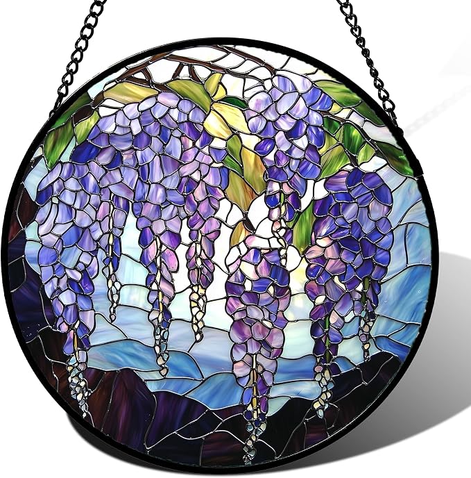 DASTOLL Stained Glass Window Hanging, Purple Wisteria Flowers Suncatcher for Doors Window Home Plant Sun Catchers Decoration Mother's Day Birthday Gifts for Women, Men, and Mom 6.3x6.3 in