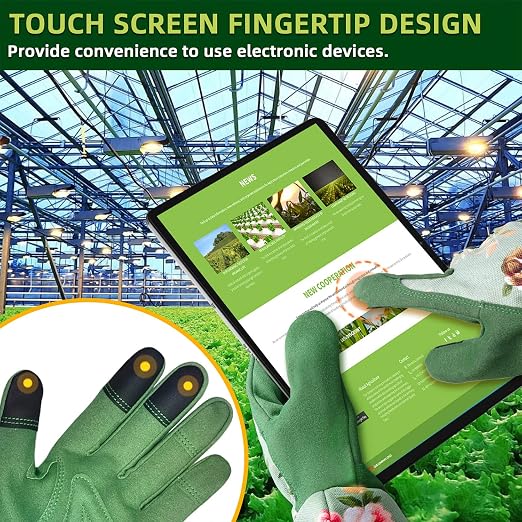 WANCHI Garden Gloves, Long Sleeve Leather Gardening Gloves for Yard and Gardening Work, Gardening Gifts for Women, Cute, Comfortable, Durable, Green Print (Small)