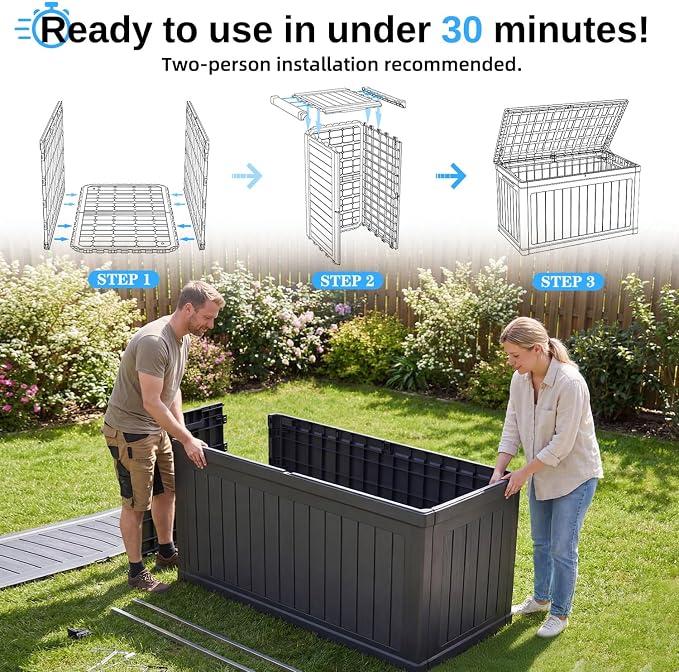 320 Gallon Outdoor Storage Deck Box, Waterproof Resin Deck Boxes with Handle & Lockable for Patio Furniture, Garden & Pool Tools -Swimming Pool, UV Resistant, Black (320)