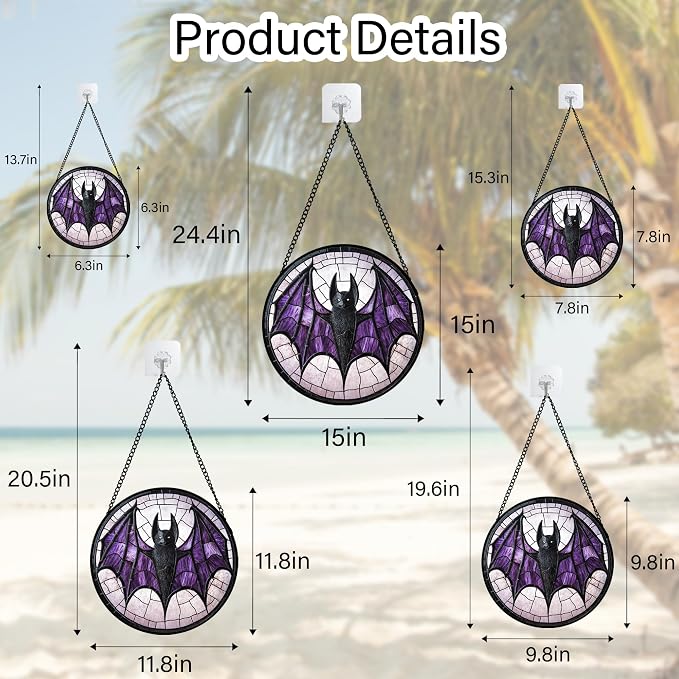 Stained Glass Window Hanging - Halloween Black Bat Purple Wings Monster Suncatcher for Doors Garden Home Spooky Sun Catchers Gothic Decor Horror Gift for Women Men Friend Boy Girl 7.8 in