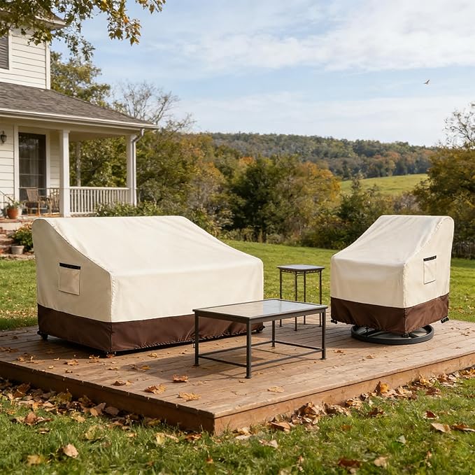 3-Seater Patio Sofa Cover, 600D Heavy Duty Waterproof Outdoor Sofa Covers, 76 W x 32.5 D x 33 H Inches Outdoor Couch Cover, Patio Furniture Covers, Lvory&Brown