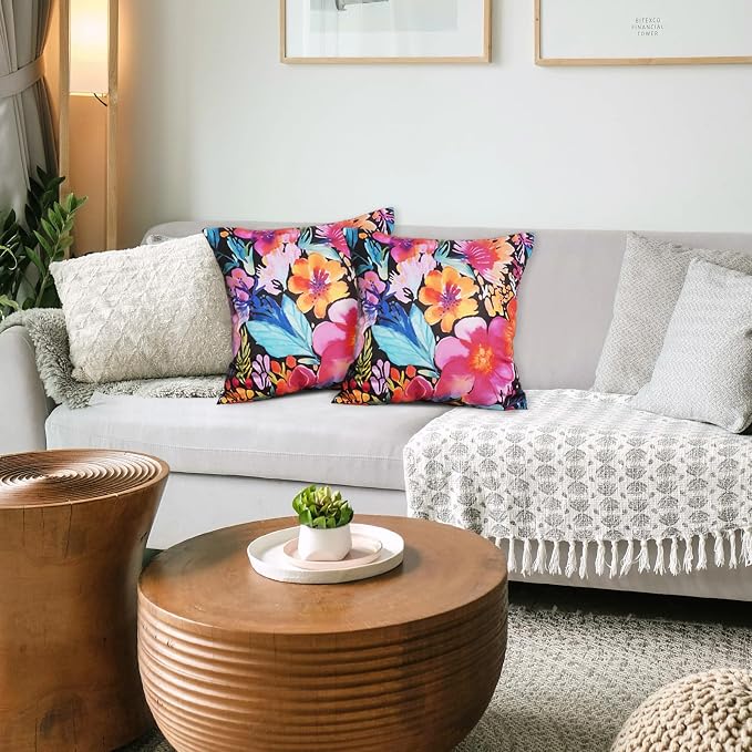 TAJWE Outdoor Pillow Covers 20x20 Inch Set of 2 Black Floral Waterproof Throw Pillowcases Modern Farmhouse Decorative Square Cushion Cases for Patio Furniture Garden Bench Porch Decor