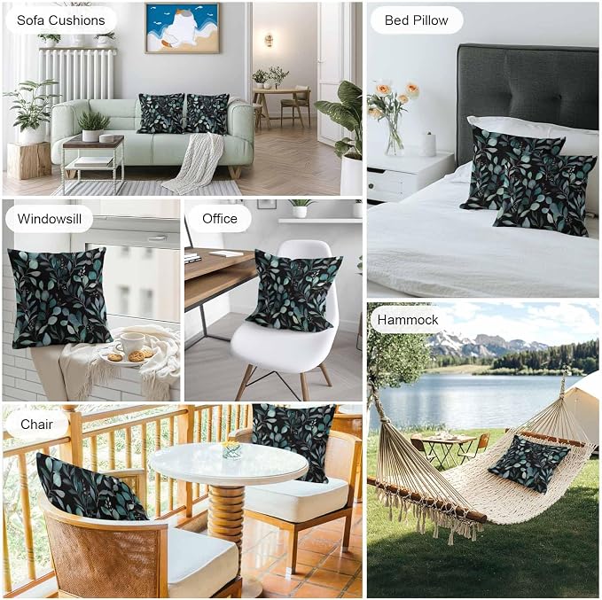 Throw Pillow Covers 16x16 Inch Set of 2, Teal Black Botanical Waterproof Outdoor Pillow Covers, Spring Eucalyptus Leaves Greenery Decorative Cushion Pillowcases for Couch, Sofa, Bed, Garden, Patio