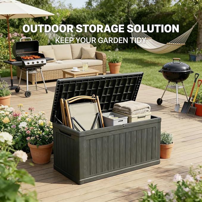 260 Gallon Lockable Resin XXL Deck Box, Waterproof Outdoor Storage Box for Patio Furniture Cushions, Garden Tools & Pool Accessories Storage, Black