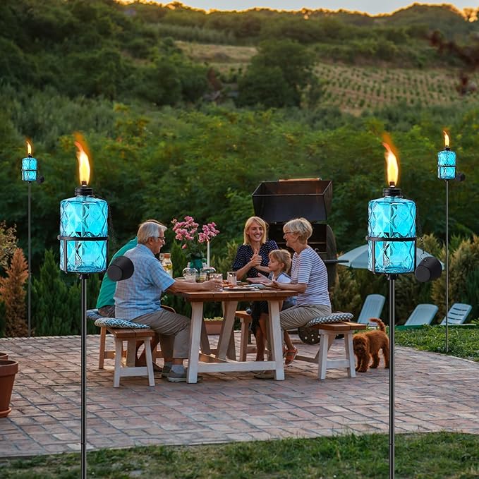 4 Pack Blue Glass Garden Torch,60-Inch Outdoor Torch Garden Décor, Upgraded 12 oz Citronella Torches with 3-Prong Grounded Stake,Metal Light Torches for Party Patio Pathway