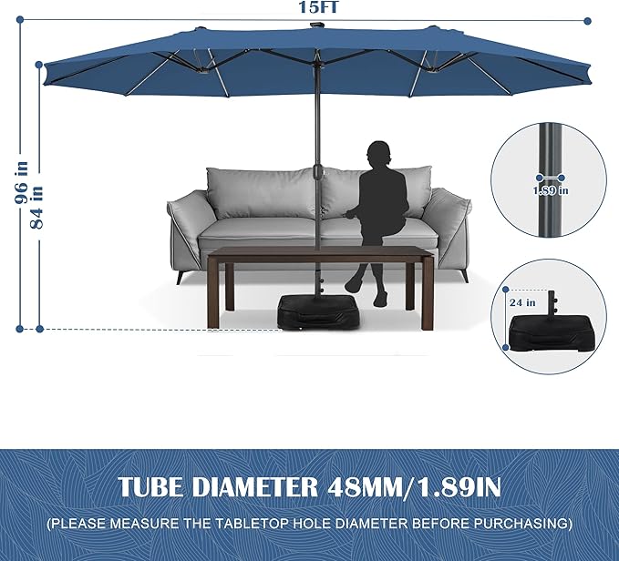 Sundale Outdoor Solar 144 LED 15 ft Patio Umbrella with Sandbag Base Included and Cover, Outdoor Double-Sided Umbrella with Lights
