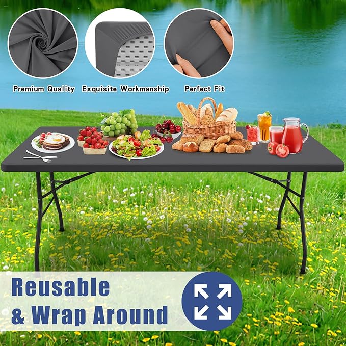 Moosfor Spandex 4 Foot Rectangle Table Cloth 2 Pack, Elastic Fitted Tablecloths for Picnic, Stretch Washable Patio Table Cover for Outdoor, Camping, Banquet and Parties (Dark Grey, 24"x48")