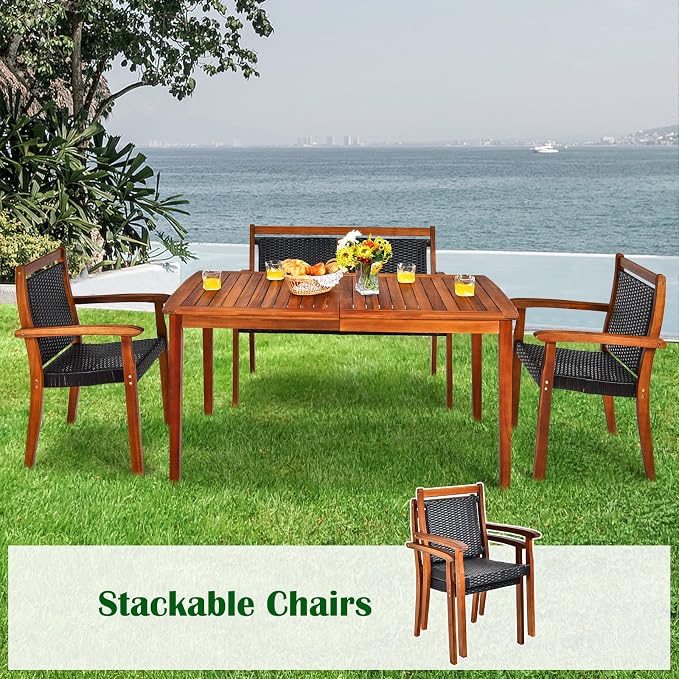 COSTWAY 4 Piece Patio Rattan Dining Furniture Set, Outdoor Acacia Wood Frame Loveseat, Chairs and Table Set with Umbrella Hole for Garden, Backyard, Lawn