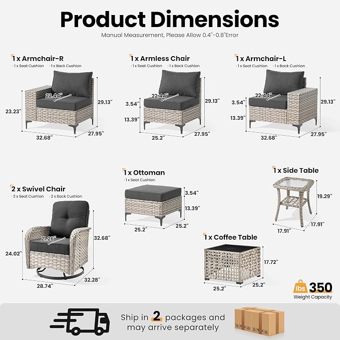 ovios 8-Piece Patio Furniture Set with L-Shape Sofa Chaise, Outdoor Sectional Couch Swivel Gliders Solar Table, Modern Modular Wicker Rattan Conversation Set, Black