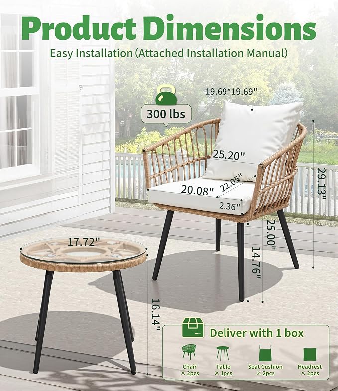 3-Piece Outdoor Patio Bistro Set, Wicker Chairs with Cushions, PE Rattan All-Weather Conversation Set with Coffee Table for Balcony, Porch, Backyard, Poolside, Garden, Deck, Khaki