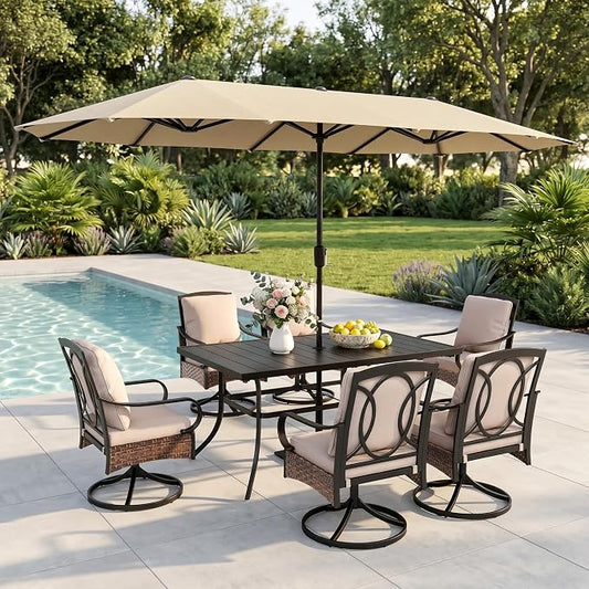 PHI VILLA Outdoor Dining Set for 6, All-Weather Patio Table and Chairs Set with Umbrella for 6, Heavy Duty Rectangle Patio Table Set for Deck, 6 Extra Large Outdoor Swivel Chairs with Thick Cushions