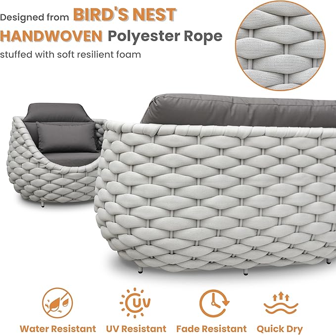 Lanai Outdoor Furniture Set: 6-Piece Aluminum Woven Rope Patio Conversation Sofa Set w/Table - Modern Cushions Couch Set - No Assembly Metal Porch Seating for Deck Yard Garden Pool Hotel Resort