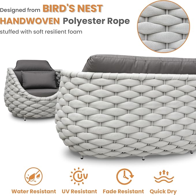 6 Pieces Rope Patio Furniture Set: Aluminum Outdoor Couch Set Cushioned - Assembled Conversation Sofa Set Modern - Metal Porch Seating for 7 Person - All Weather for Deck Garden Poolside Hotel