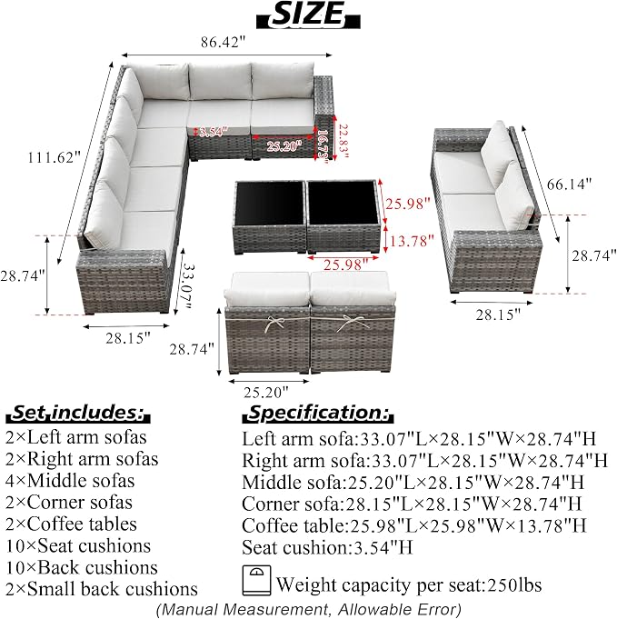 HOOOWOOO Outdoor Patio Sectional Furniture Sofa Set with Widened Armrest,12 Piece Large Modern Wicker Couch,Modular L Shaped Conversation Seating Set with Table for Out Door Garden Corner(Beige Tan)