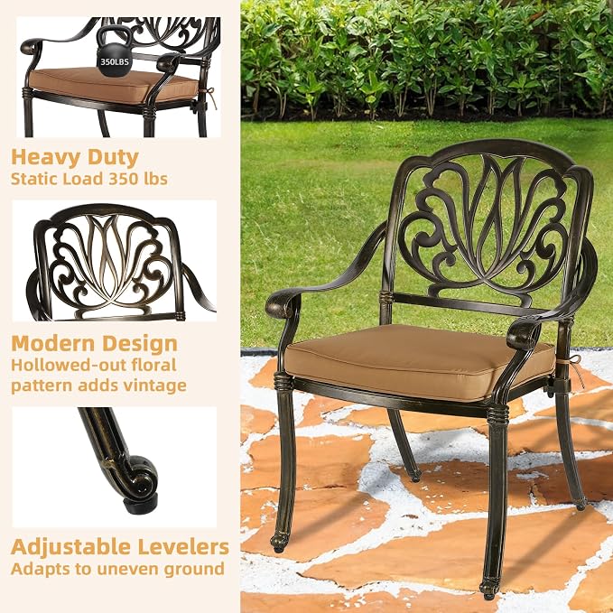 5-Piece Outdoor Patio Dining Set, All-Weather Cast Aluminum Patio Furniture Set for Backyard Garden Deck with 4 Chairs, 4 Cushions and 35.4" Round Table, 2" Umbrella Hole
