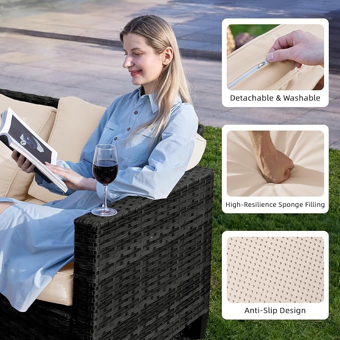 UDPATIO Patio Furniture Set, 5 Pieces Outdoor Conversation Sets with Rocking Swivel Chairs, Wicker Rattan Outdoor Sofa Set with Storage Table and Waterproof Covers for Backyard, Deck, Porch, Khaki