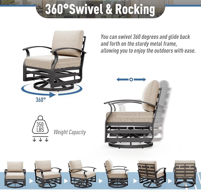 Kurapika Aluminum Patio Furniture Set 5-Seat Modern Outdoor Conversation Sets w/Swivel Rocking Chairs with Rectangular Coffee Table, Sand