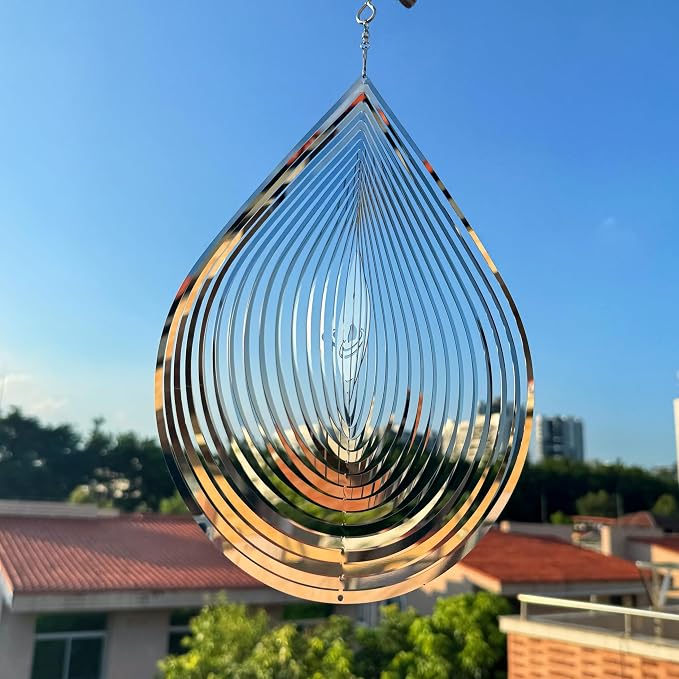Hanging Wind Spinners,3D Water Droplets Shape Highly Reflective Stainless Steel Outdoor Garden Decor, Decorations to Scare Away Yard Birds 11.4inch 2Pcs