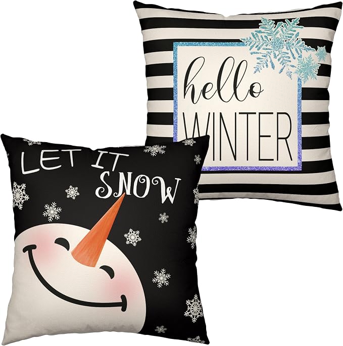Winter Decorative Pillow Covers 18x18 Lovely Snowman Throw Pillow Covers Set of 2 Hello Winter Black Stripes Cushion Case for Living Room Holiday Decor Couch