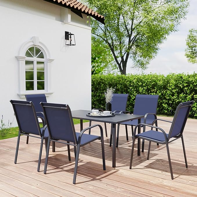 HAPPATIO Outdoor Patio Dining Set, 6 Quick Dry Textilene Dining Chairs and Dining Table with Umbrella Hole, Stackable Textilene Chairs for Garden, Patio and Poolside Backyard, Blue