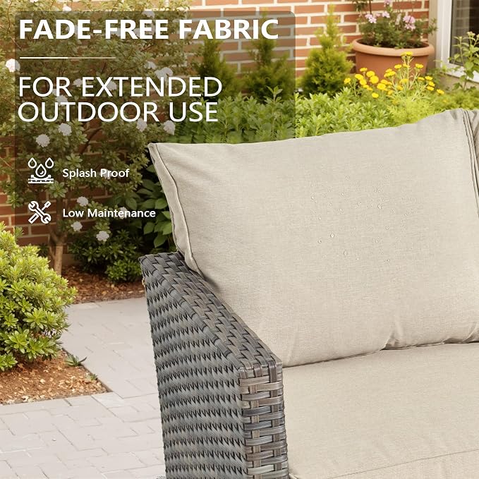 CAODOC 7-Piece Outdoor Wicker Patio Set with 7 Seats, Including 43" Fire Pit - Swivel Rocker Chairs and Conversation Set for Backyard or Lawn, Gray Rattan with Waterproof Beige Cushions