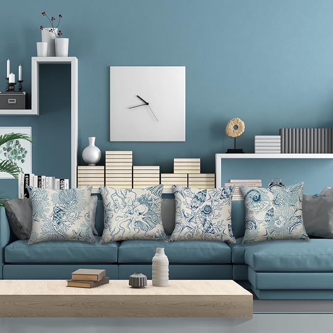Outdoor Waterproof Throw Pillow Covers 18x18 inch Set of 4 Seahorse Seashell Coastal Toile Pillow Cases Blue Sea Coral Decorative Cushion Covers for Sofa Couch
